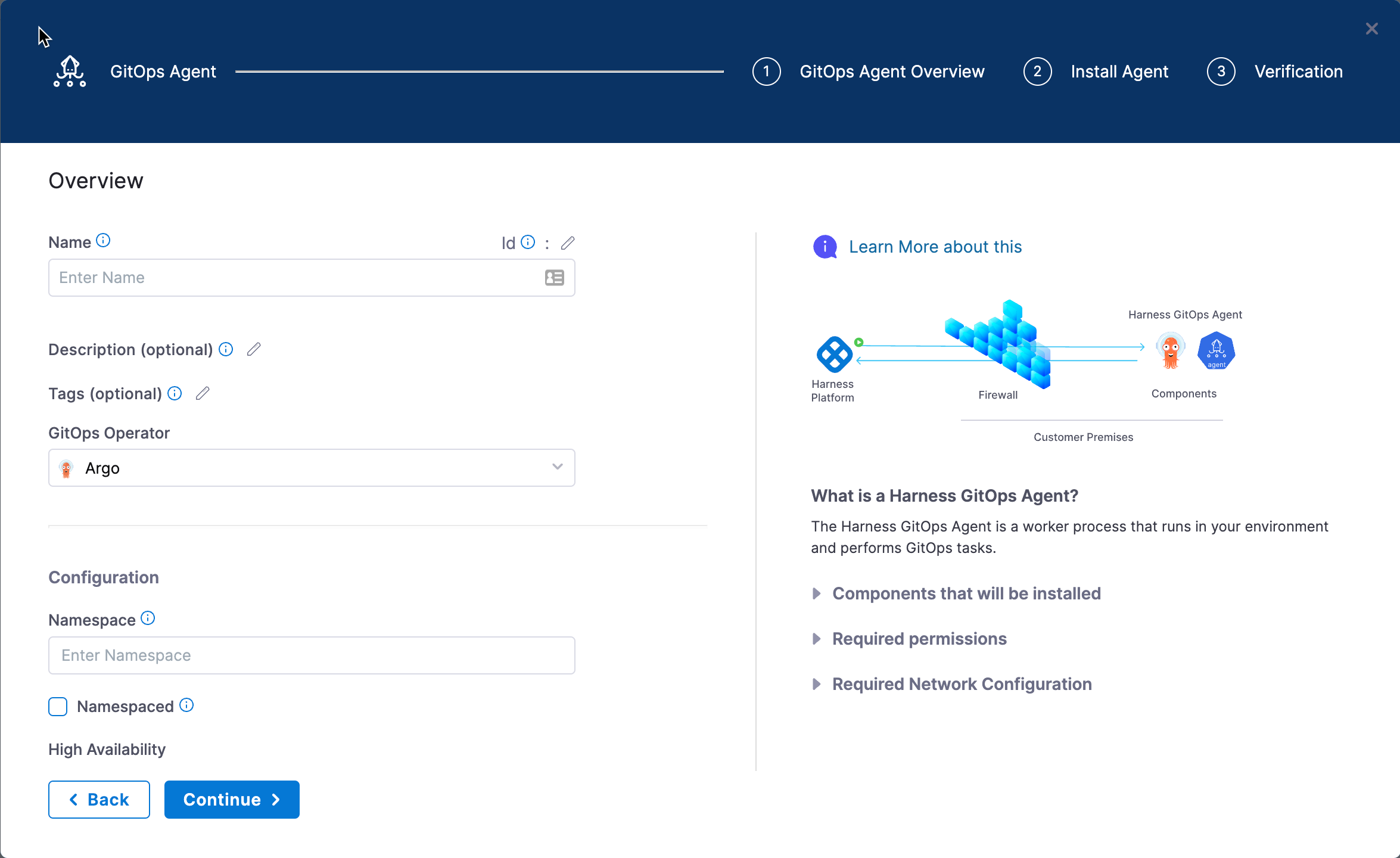 Screenshot of the GitOps Agent creation wizard asking whether you have an existing Argo CD instance